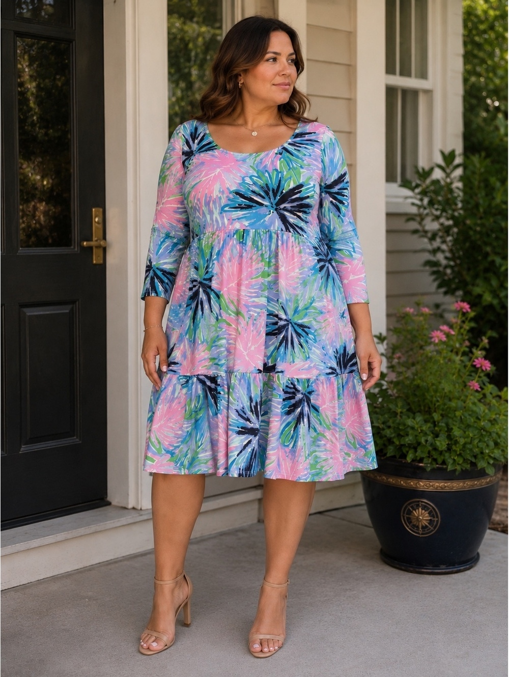 Lilly Pulitzer XL Tiered Swing Dress Pink Blue Palm Print 100% Cotton